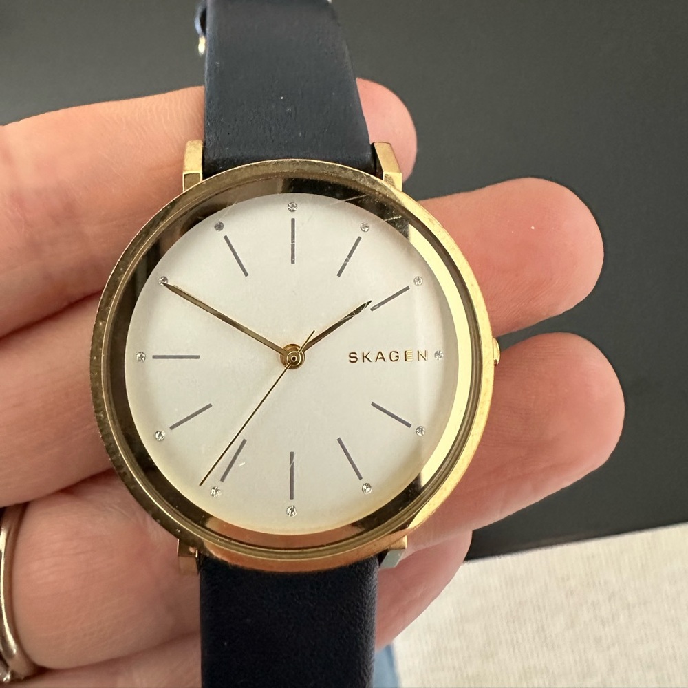 Skagen Gold and Navy Minimalist Leather Strap Watch